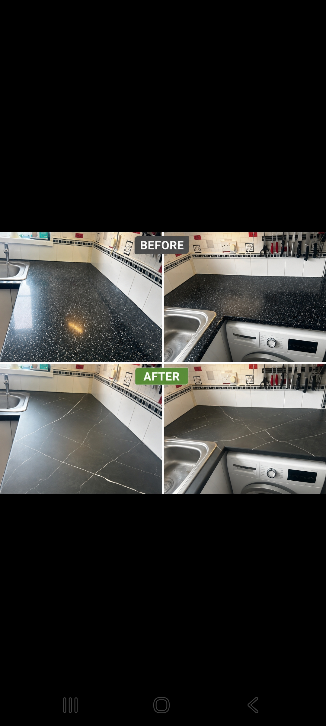 Worktop before and after resurfacing to a marble-effect finish, sent in by the customer